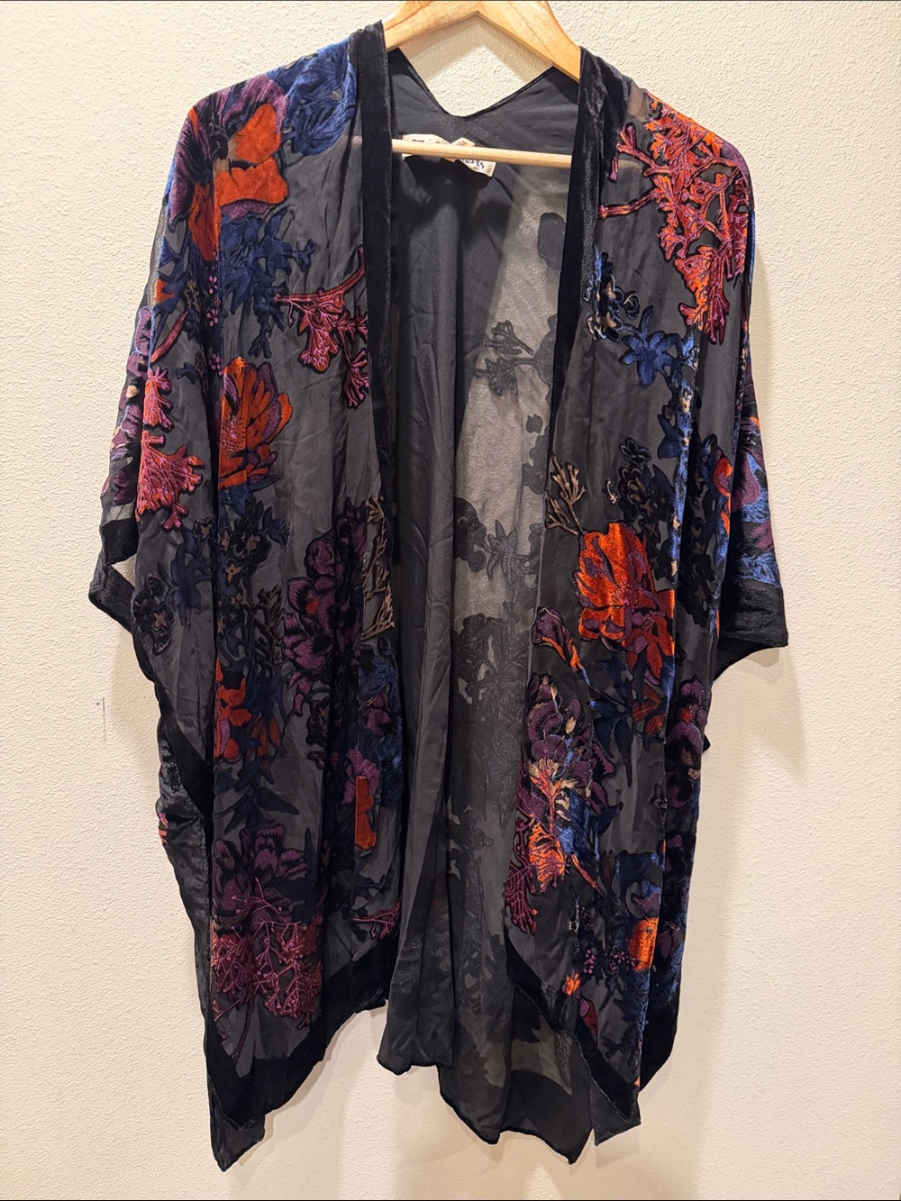 Michael Stars Black Kimono Jacket with Multicolor Velvet Floral Burnout